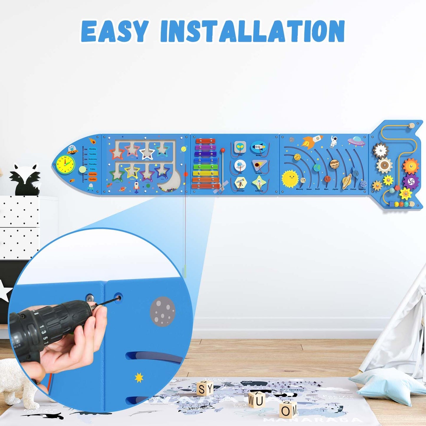 Spacocld Rocket Activity Wall Panels - Montessori Sensory Wall Board (Blue, 5-Pack)