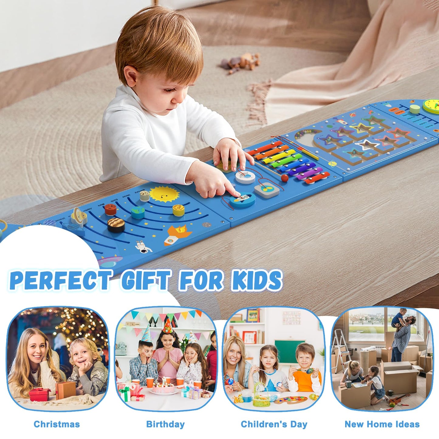 Spacocld Rocket Activity Wall Panels - Montessori Sensory Wall Board (Blue, 5-Pack)