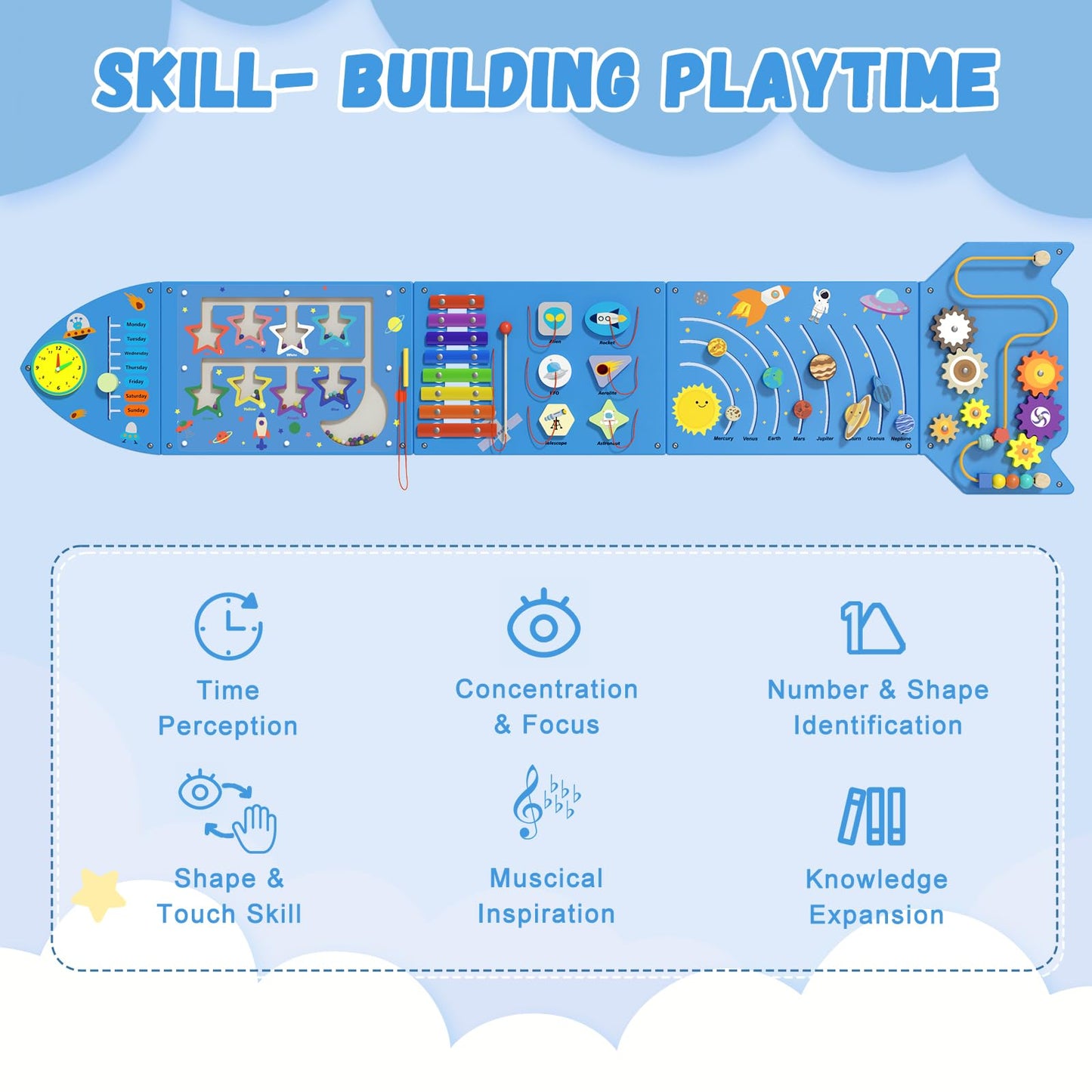Spacocld Rocket Activity Wall Panels - Montessori Sensory Wall Board (Blue, 5-Pack)