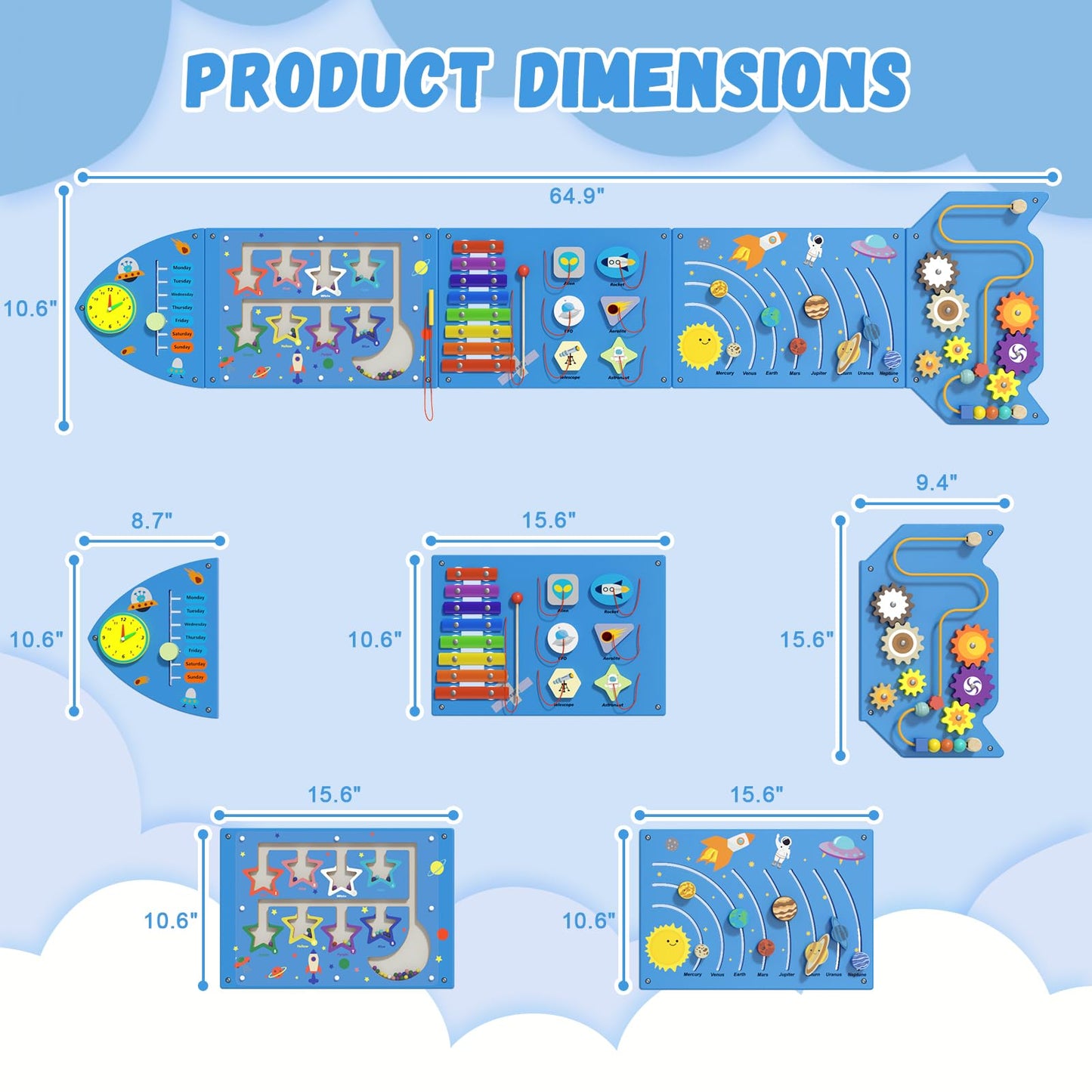 Spacocld Rocket Activity Wall Panels - Montessori Sensory Wall Board (Blue, 5-Pack)