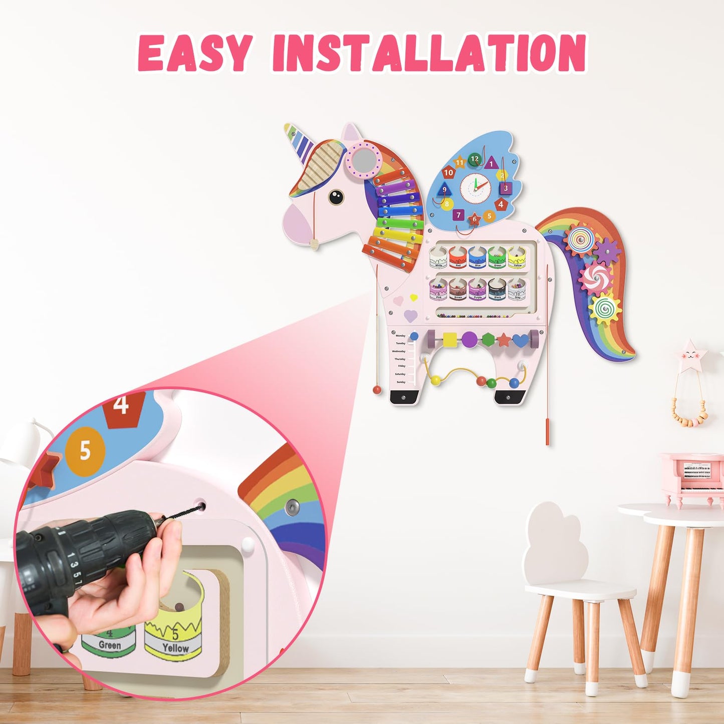Spacocld Unicorn Activity Wall Panel – Montessori Sensory Wall for Toddlers (Pink)