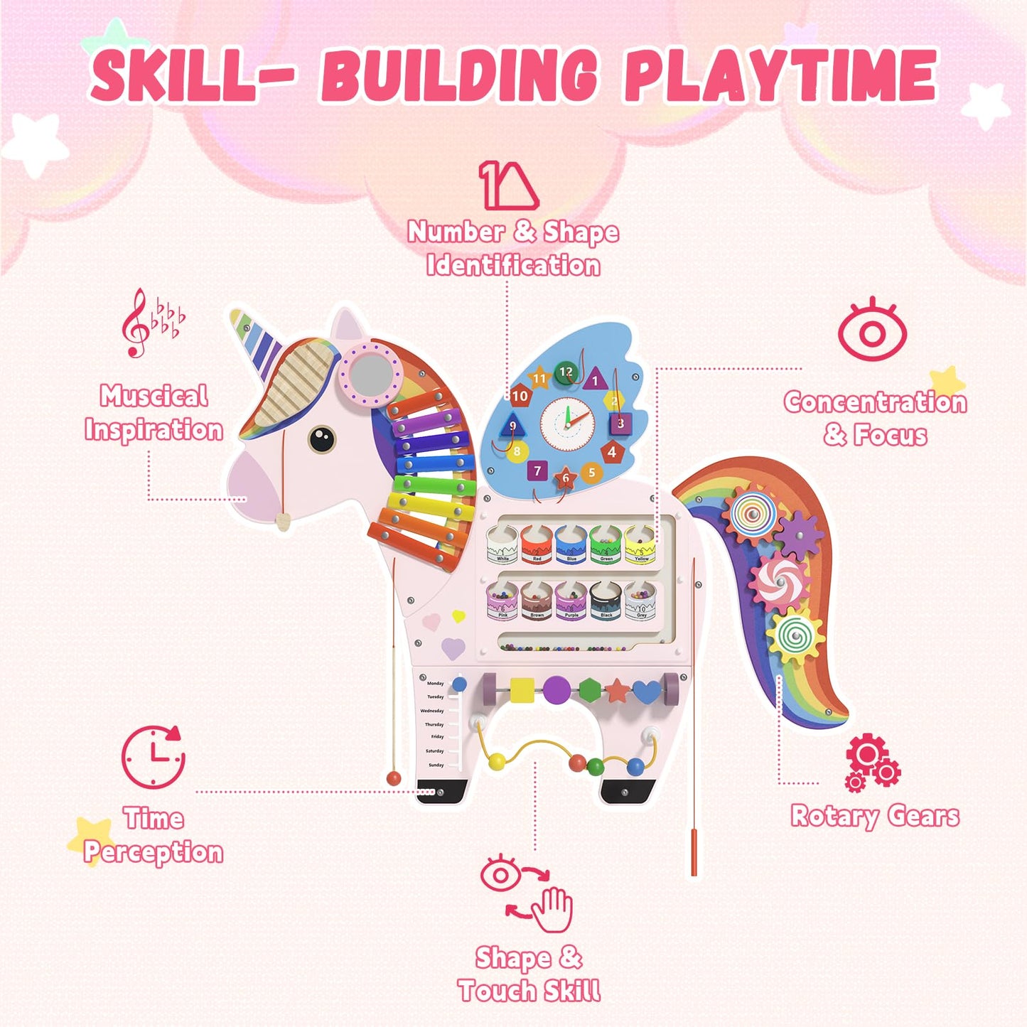 Spacocld Unicorn Activity Wall Panel – Montessori Sensory Wall for Toddlers (Pink)