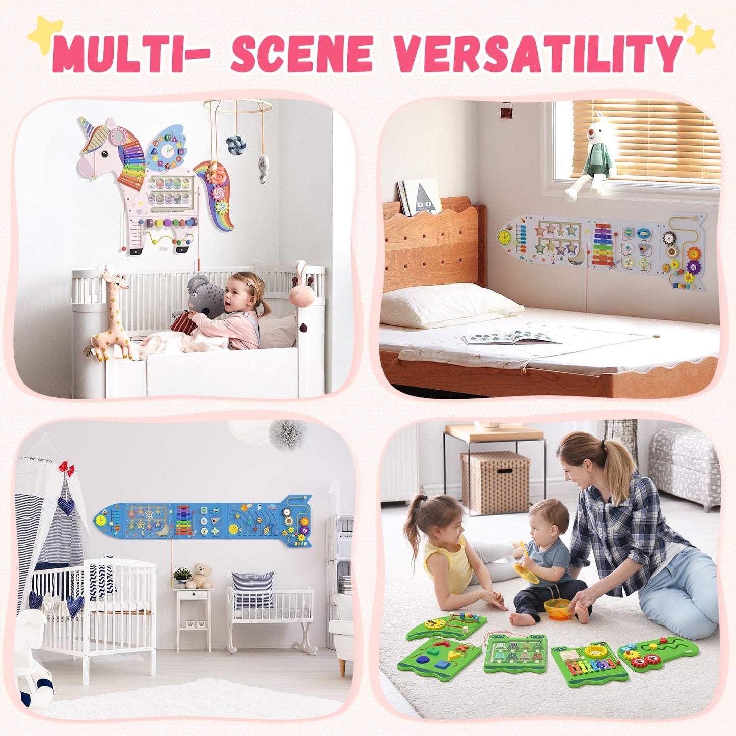 Spacocld Unicorn Activity Wall Panel – Montessori Sensory Wall for Toddlers (Pink)