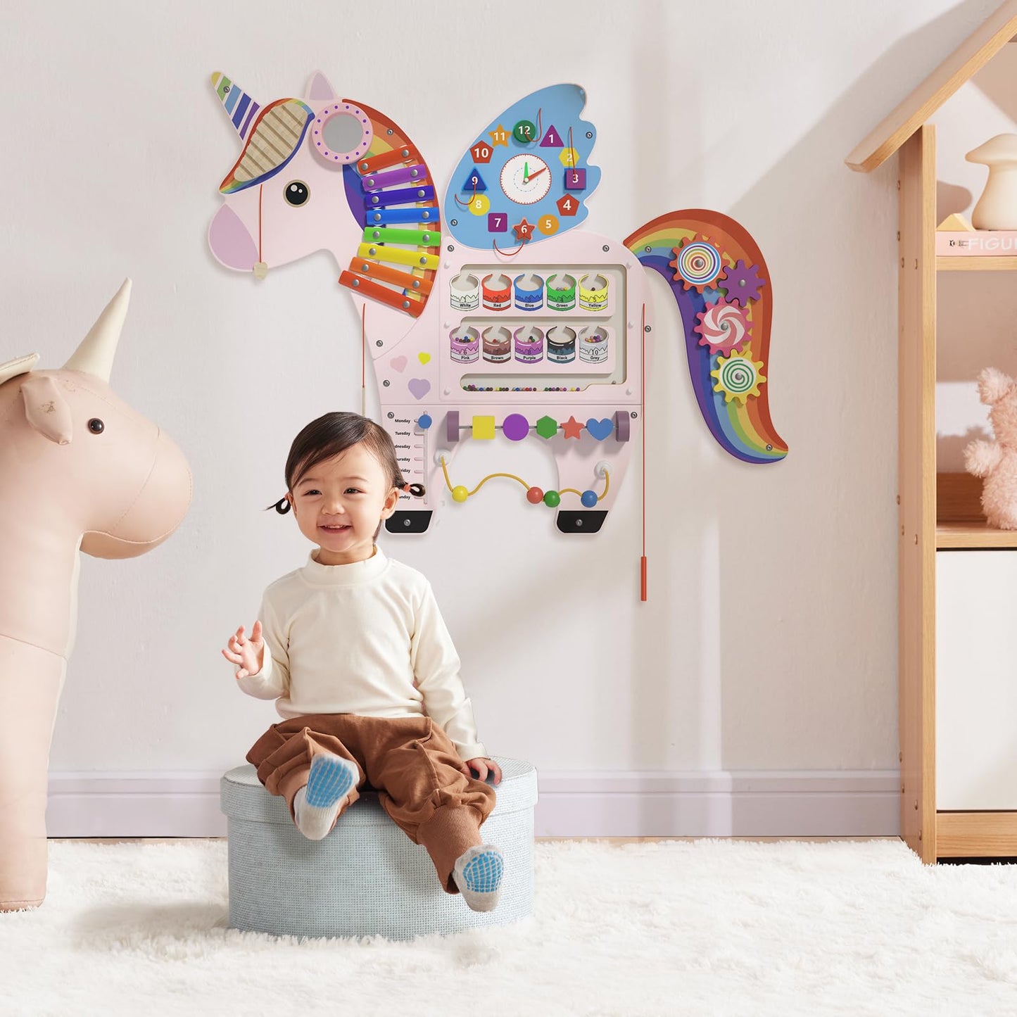 Spacocld Unicorn Activity Wall Panel – Montessori Sensory Wall for Toddlers (Pink)