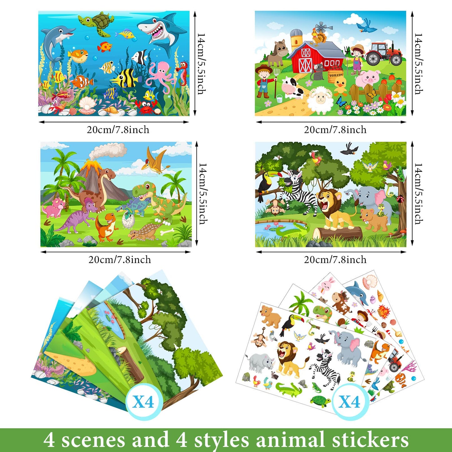 Spakon 32 Sheets Scene Stickers for Kids | Mix & Match Animal Scenes Jungle Farm Dino