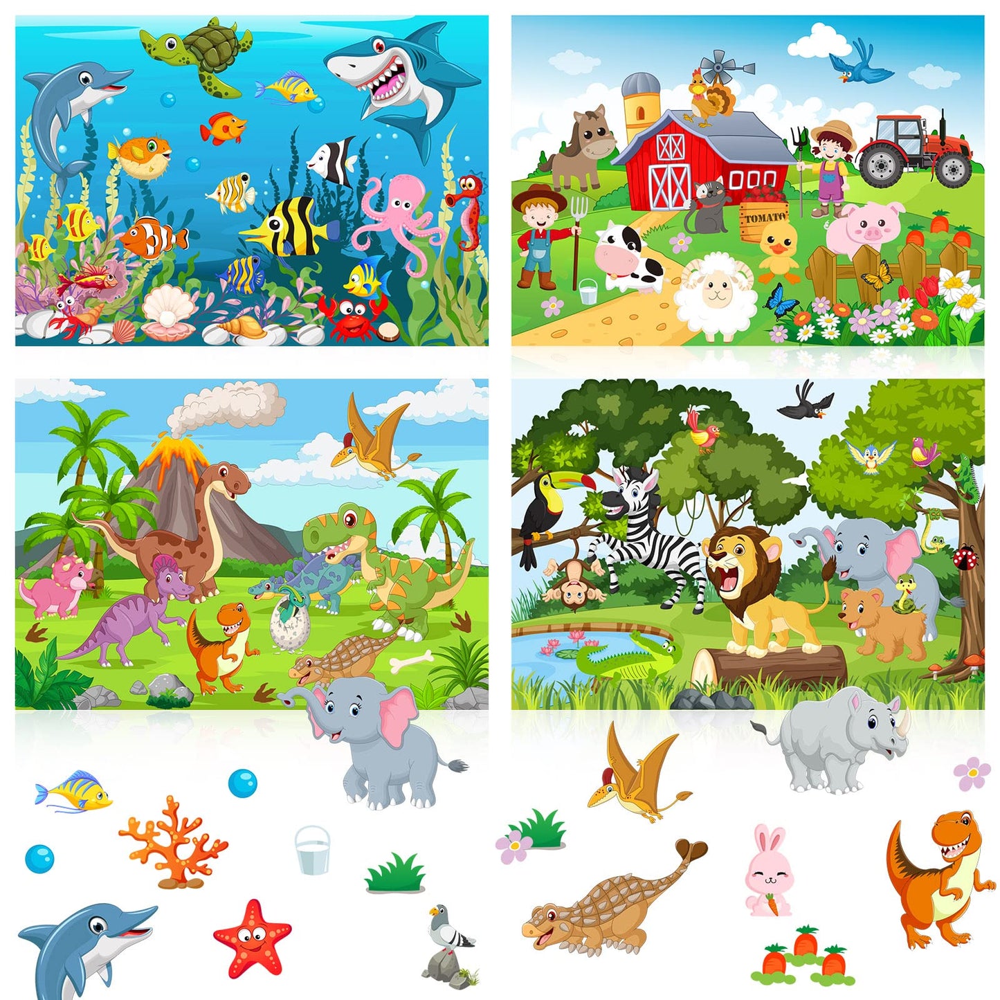 Spakon 32 Sheets Scene Stickers for Kids | Mix & Match Animal Scenes Jungle Farm Dino