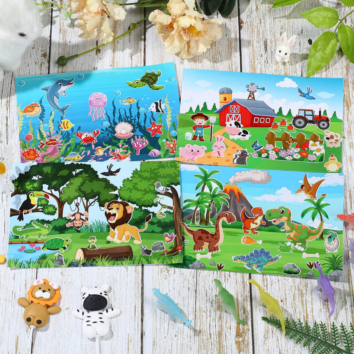 Spakon 32 Sheets Scene Stickers for Kids | Mix & Match Animal Scenes Jungle Farm Dino