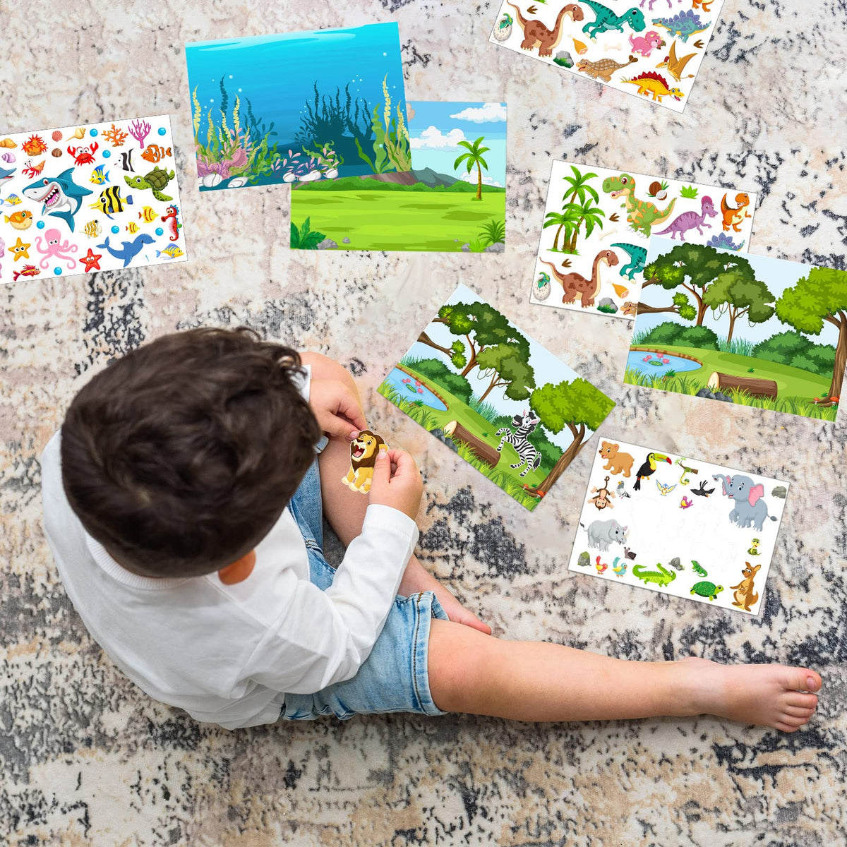 Spakon 32 Sheets Scene Stickers for Kids | Mix & Match Animal Scenes Jungle Farm Dino