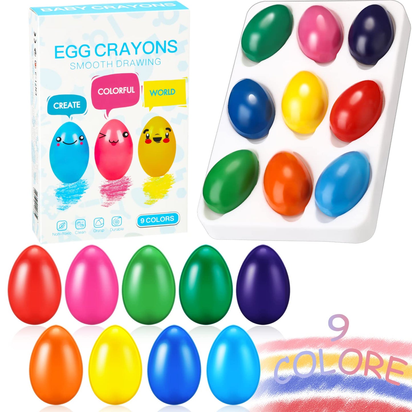 Spakon 9-Pc Egg Crayons for Toddlers – Palm-Grasp, Washable, 9 Colors