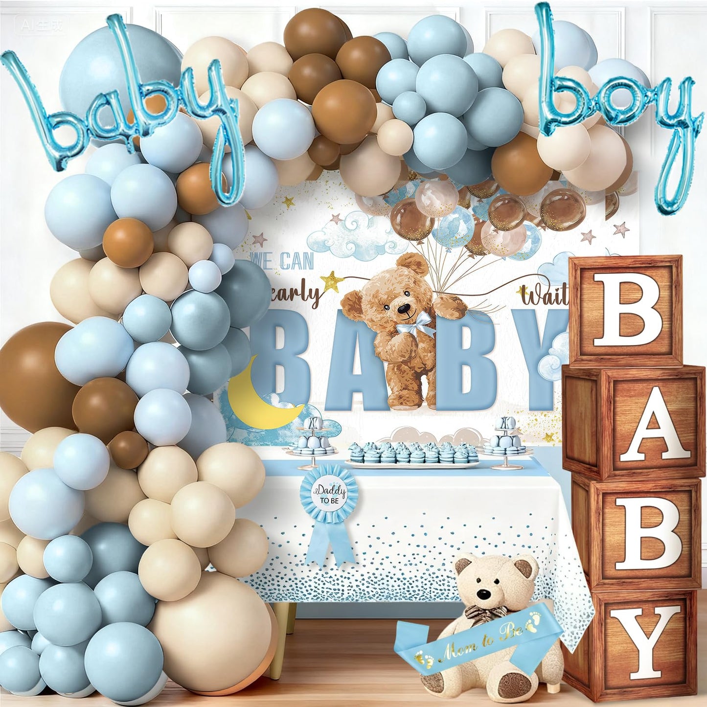 SPARKTUTU 140pcs Teddy Bear Baby Boy Shower Decorations — Balloon Arch Kit & We Can Bearly Wait Backdrop