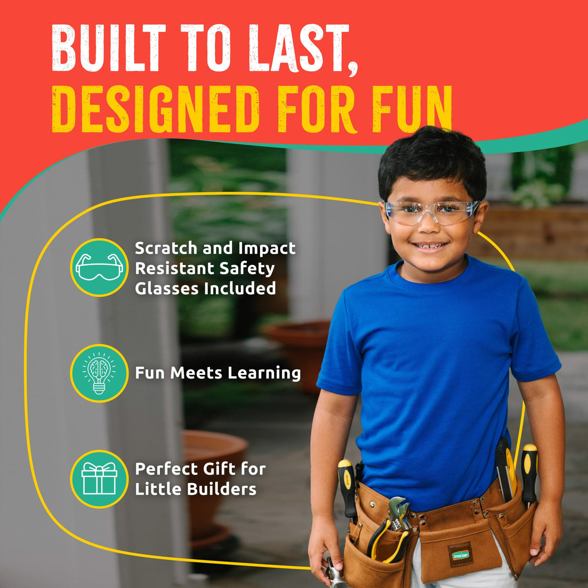 SparkJump Kids Brown Leather Tool Belt — Adjustable Belt for Toddlers & Kids, Dress-Up Construction & STEM Learning
