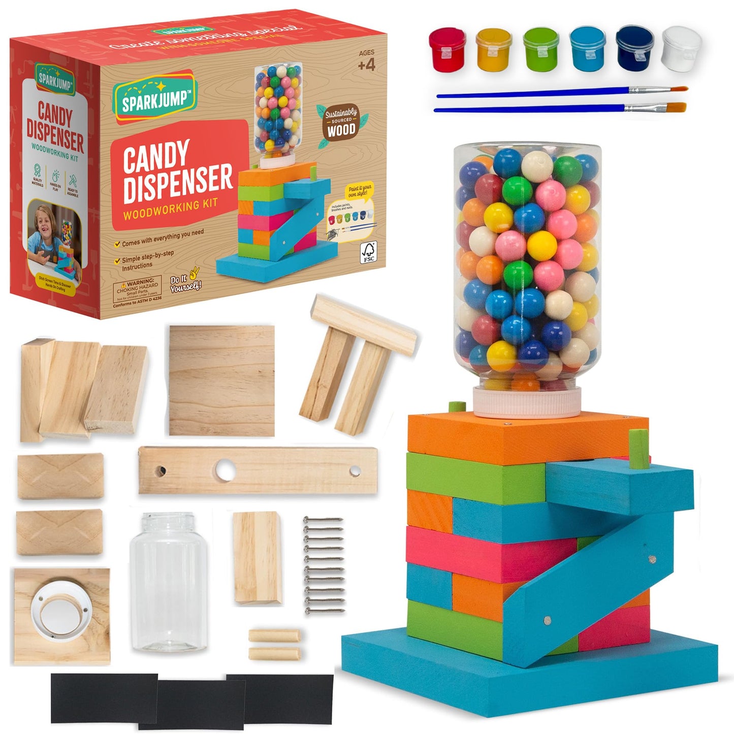 SparkJump Candy Dispenser Woodworking Kit — STEM Craft for Kids with FSC Wood, Paints & Tools