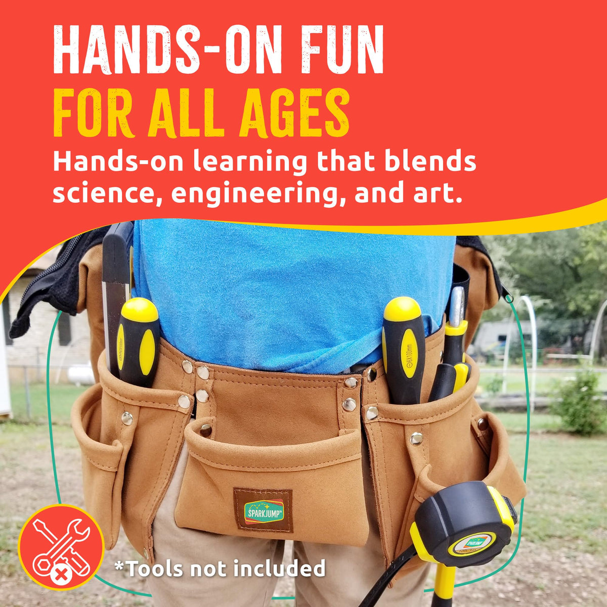 SparkJump Kids Brown Leather Tool Belt — Adjustable Belt for Toddlers & Kids, Dress-Up Construction & STEM Learning