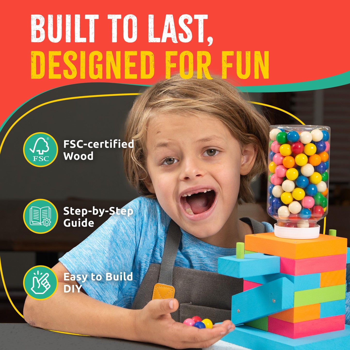 SparkJump Candy Dispenser Woodworking Kit — STEM Craft for Kids with FSC Wood, Paints & Tools