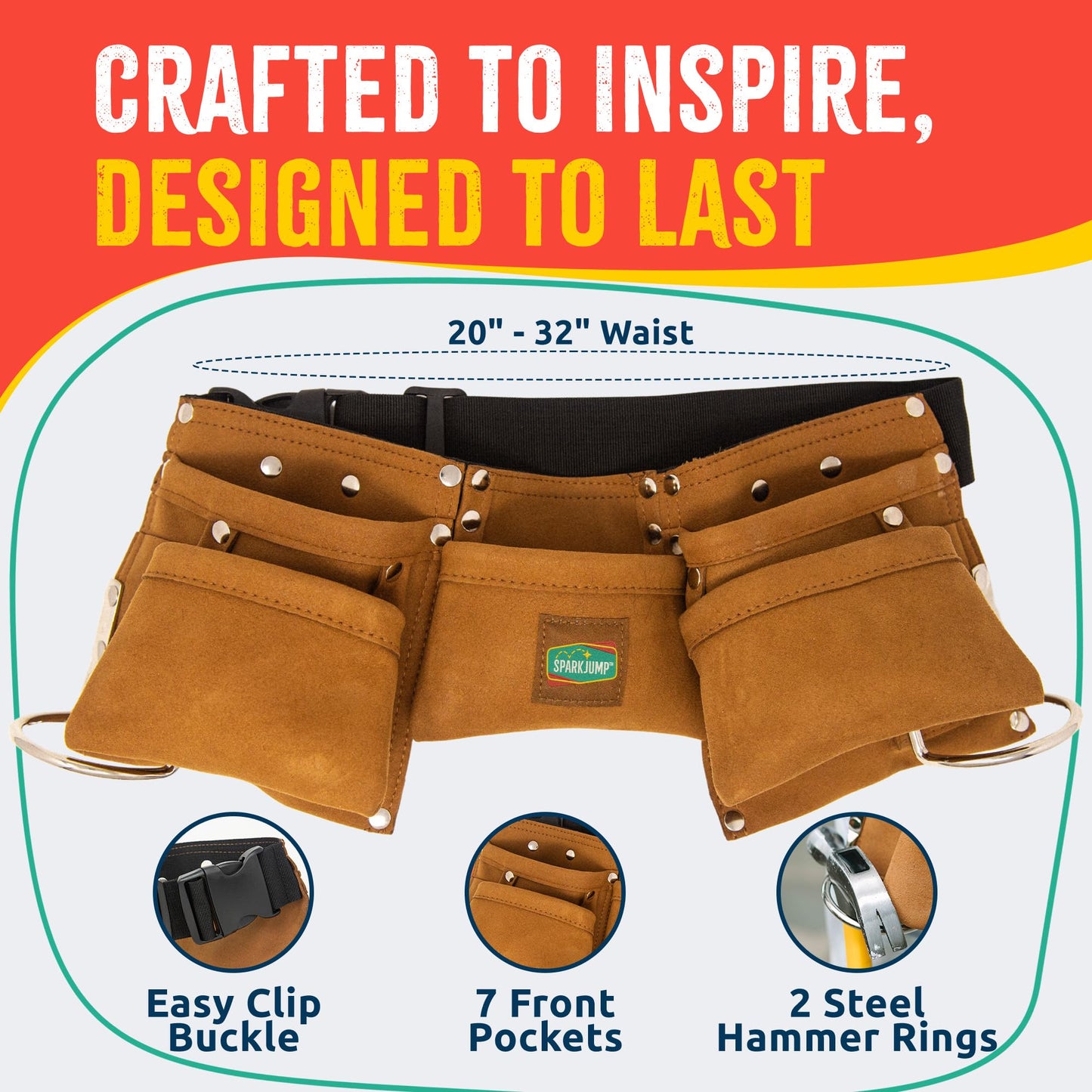 SparkJump Kids Brown Leather Tool Belt — Adjustable Belt for Toddlers & Kids, Dress-Up Construction & STEM Learning
