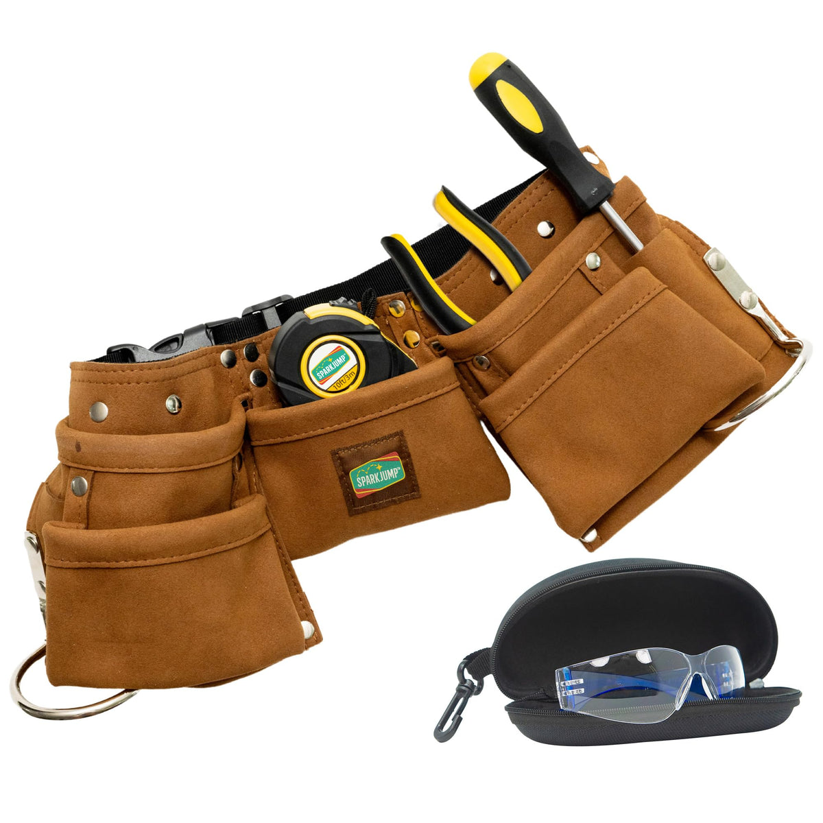 SparkJump Kids Brown Leather Tool Belt — Adjustable Belt for Toddlers & Kids, Dress-Up Construction & STEM Learning