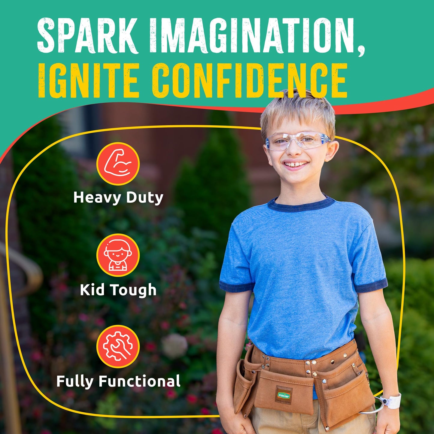 SparkJump Kids Brown Leather Tool Belt — Adjustable Belt for Toddlers & Kids, Dress-Up Construction & STEM Learning