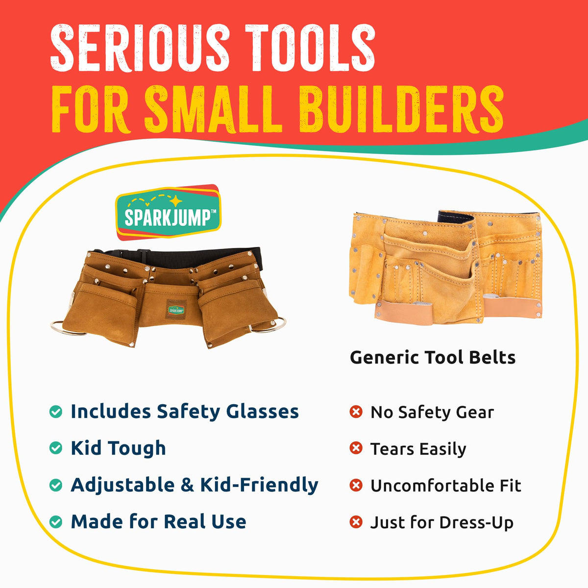 SparkJump Kids Brown Leather Tool Belt — Adjustable Belt for Toddlers & Kids, Dress-Up Construction & STEM Learning