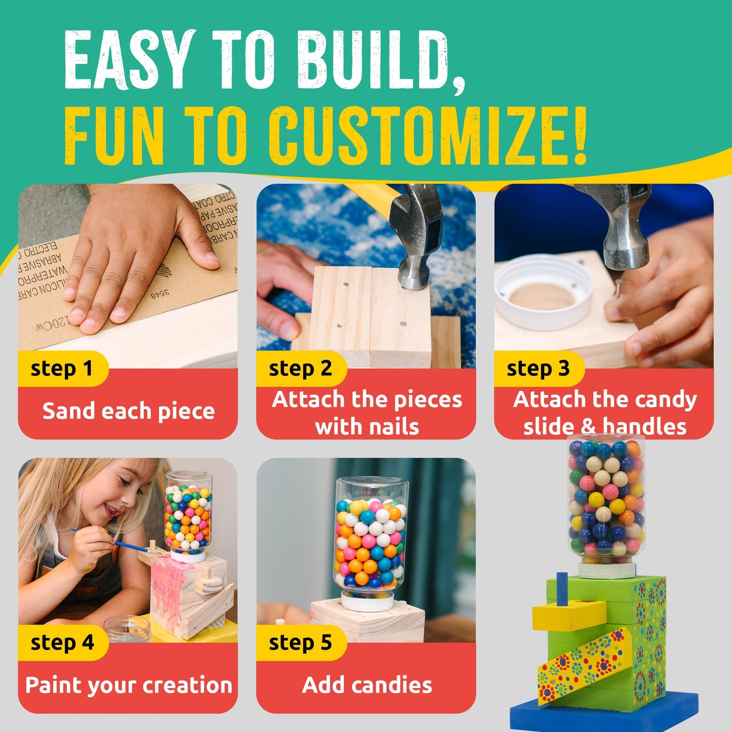 SparkJump Candy Dispenser Woodworking Kit — STEM Craft for Kids with FSC Wood, Paints & Tools