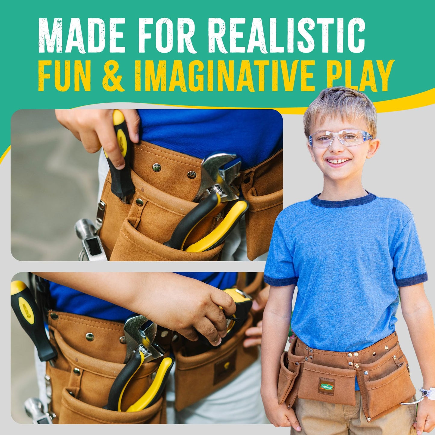 SparkJump Kids Brown Leather Tool Belt — Adjustable Belt for Toddlers & Kids, Dress-Up Construction & STEM Learning