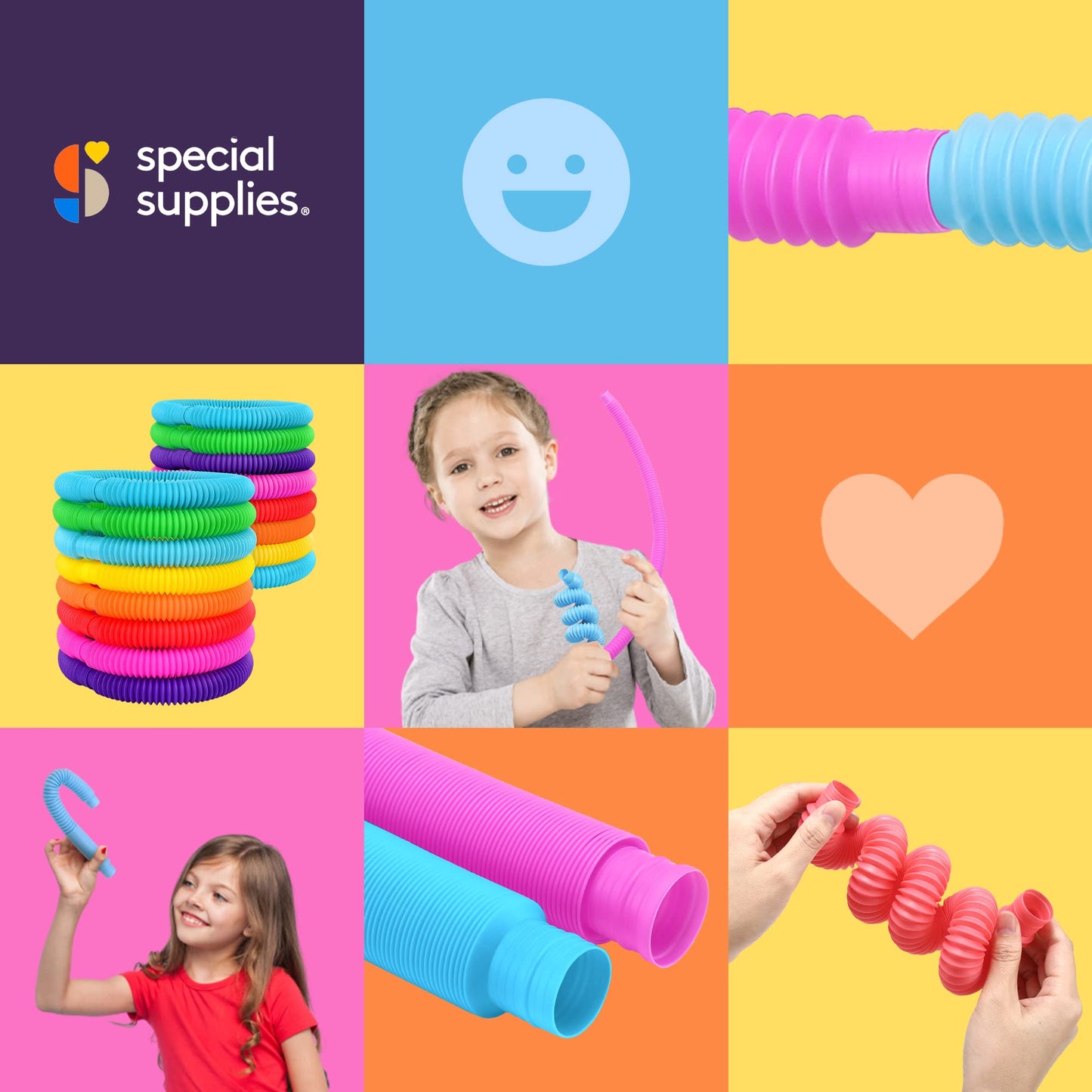 Special Supplies Fun Pull and Stretch Tubes for Kids – 16-Pack Primary Colors
