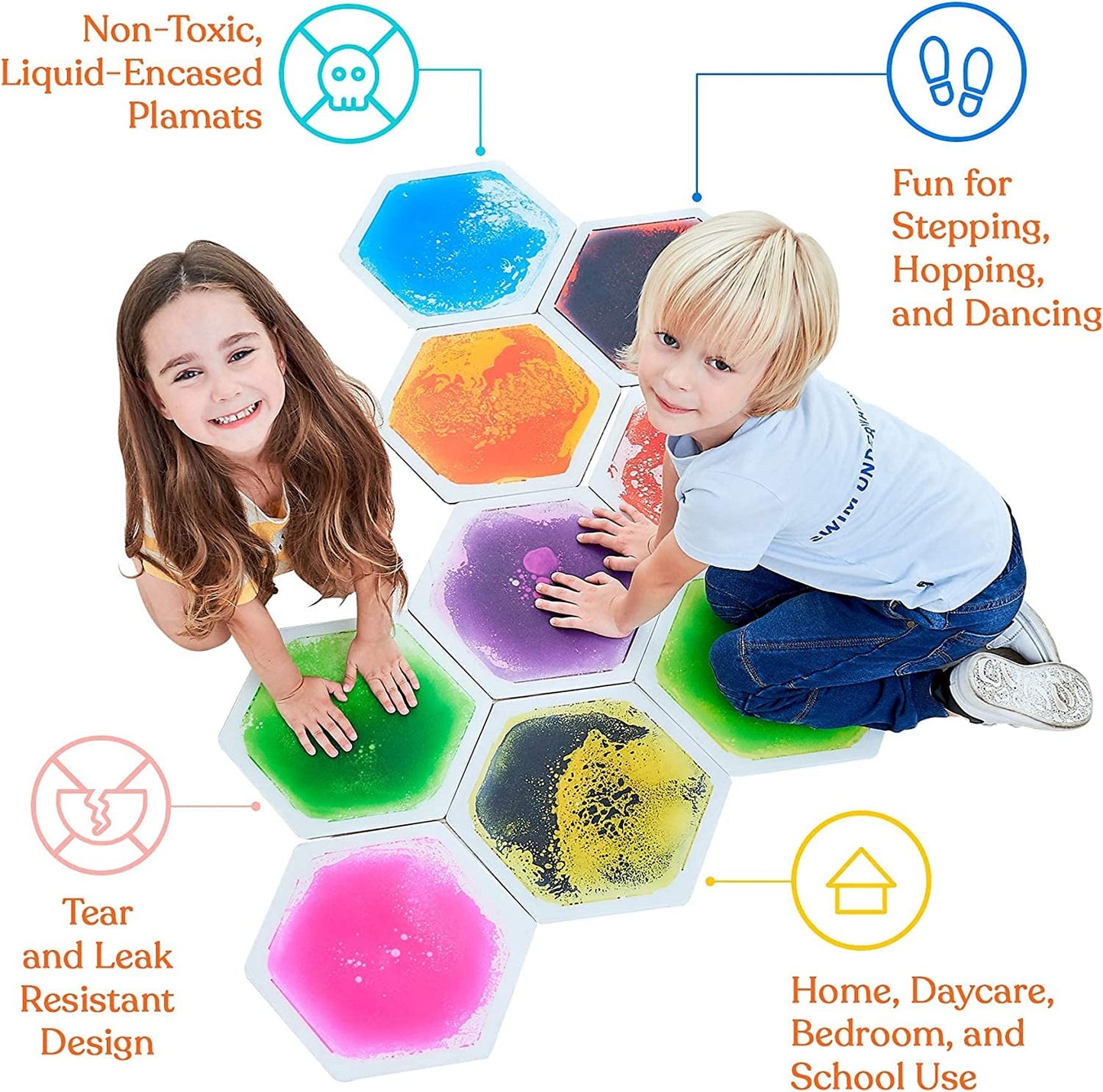Special Supplies Hexagon Liquid Tiles – 9-Piece Colorful Sensory Mats for Kids