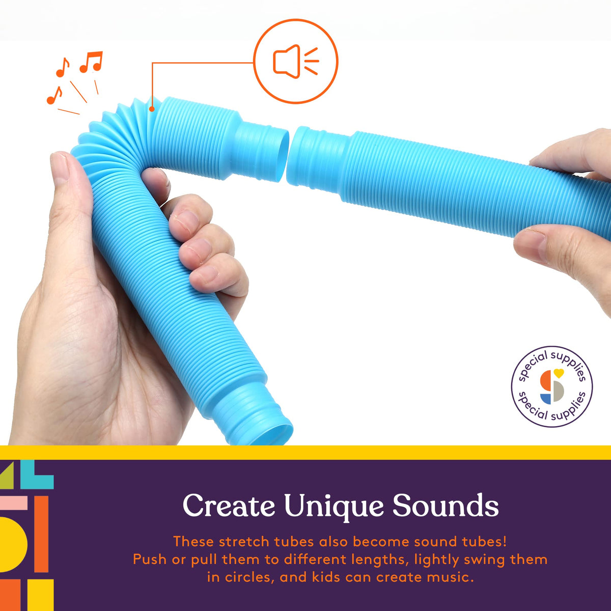 Special Supplies Fun Pull and Stretch Tubes for Kids – 30-Pack Primary Colors | Tactile & Auditory Sensory Toy