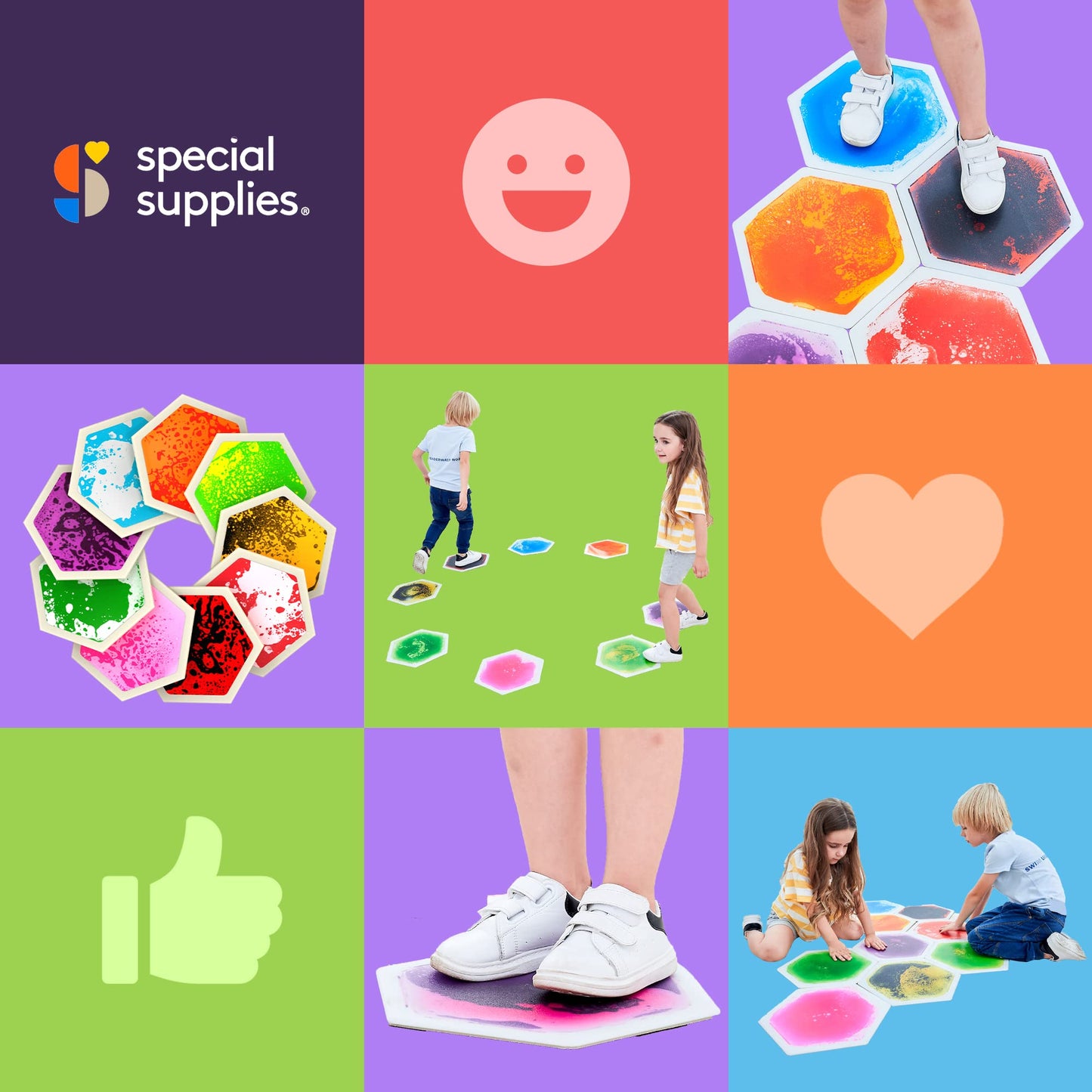 Special Supplies Hexagon Liquid Tiles – 9-Piece Colorful Sensory Mats for Kids