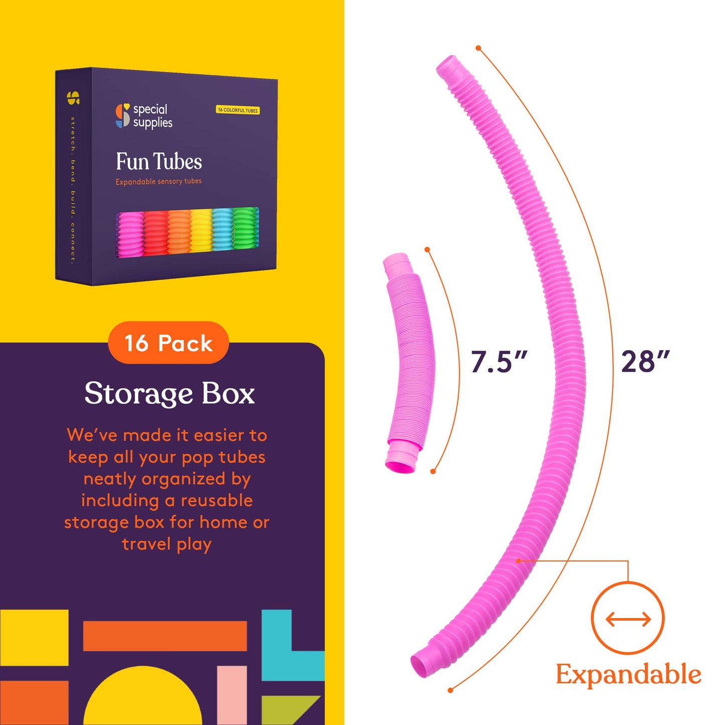 Special Supplies Fun Pull and Stretch Tubes for Kids – 16-Pack Primary Colors