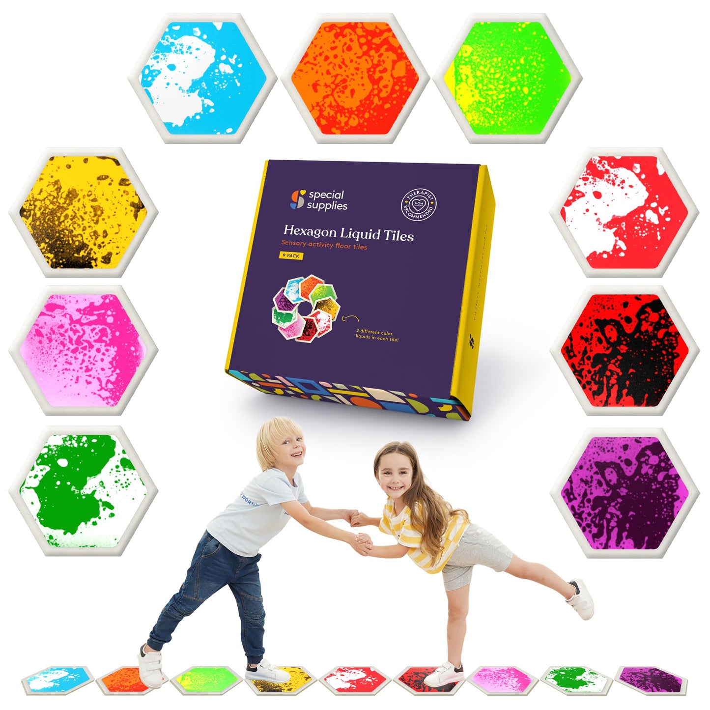 Special Supplies Hexagon Liquid Tiles – 9-Piece Colorful Sensory Mats for Kids