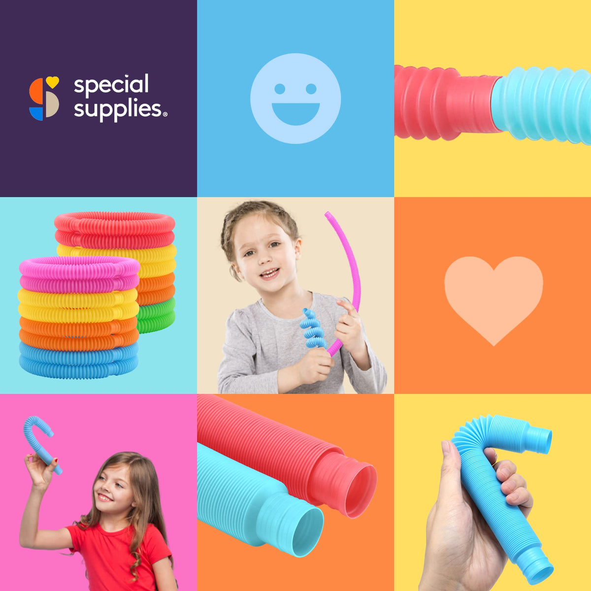 Special Supplies Fun Pull and Stretch Tubes for Kids – 30-Pack Primary Colors | Tactile & Auditory Sensory Toy
