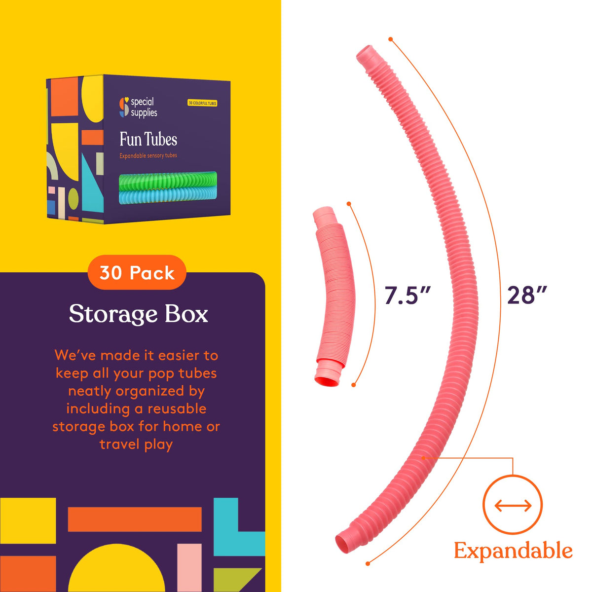 Special Supplies Fun Pull and Stretch Tubes for Kids – 30-Pack Primary Colors | Tactile & Auditory Sensory Toy