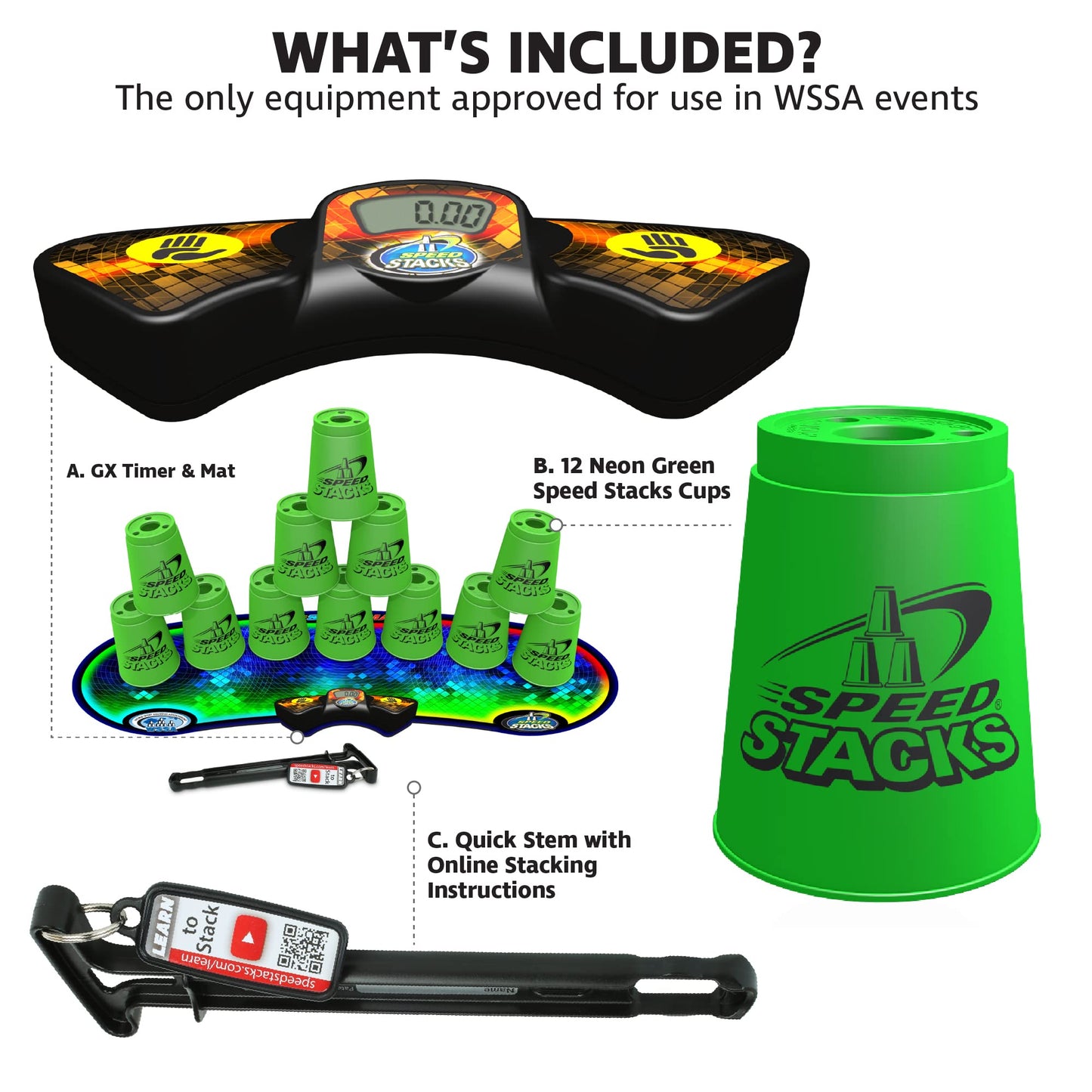 Speed Stacks Neon Green 12-Cup Sport Stacking Kit with GX Timer | WSSA Approved