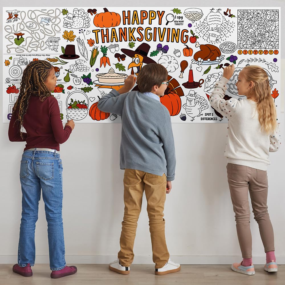 SPERINGEEN Thanksgiving Tablecloth Coloring Poster – Turkey Theme Kids Craft & Family Decor