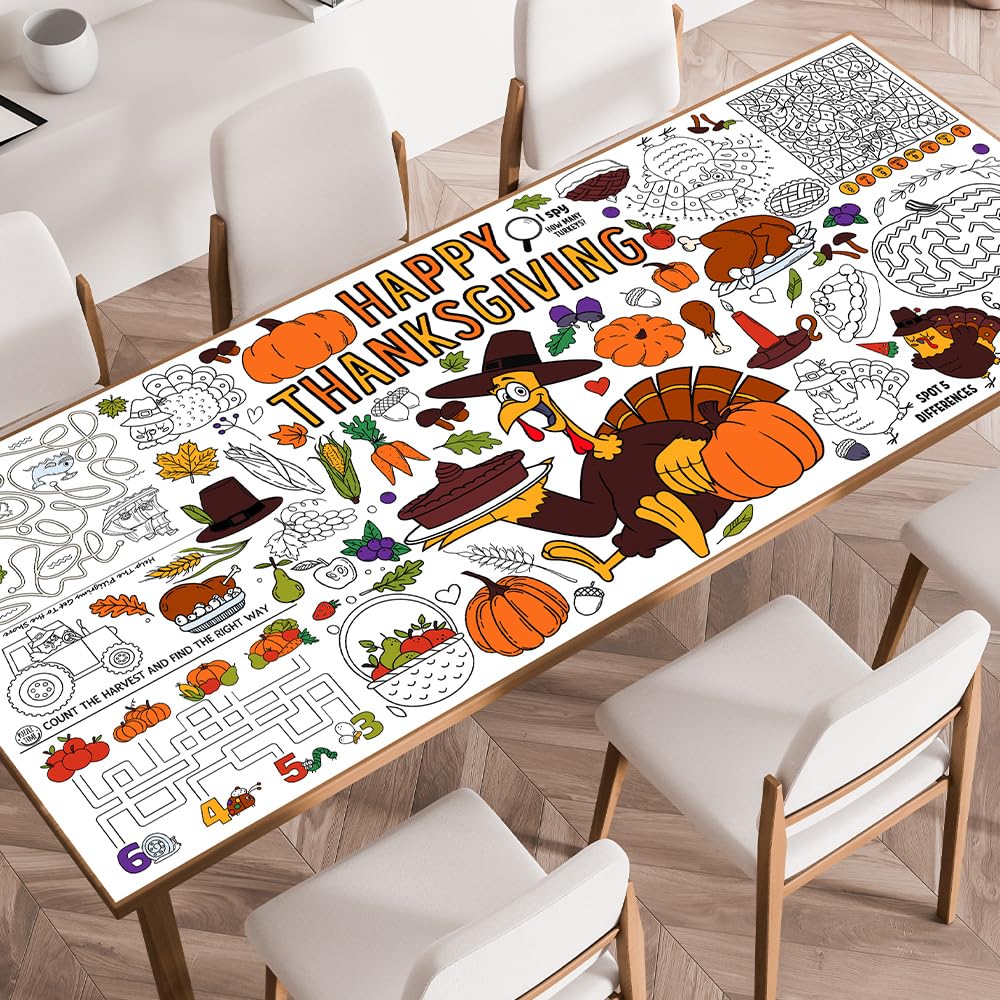 SPERINGEEN Thanksgiving Tablecloth Coloring Poster – Turkey Theme Kids Craft & Family Decor