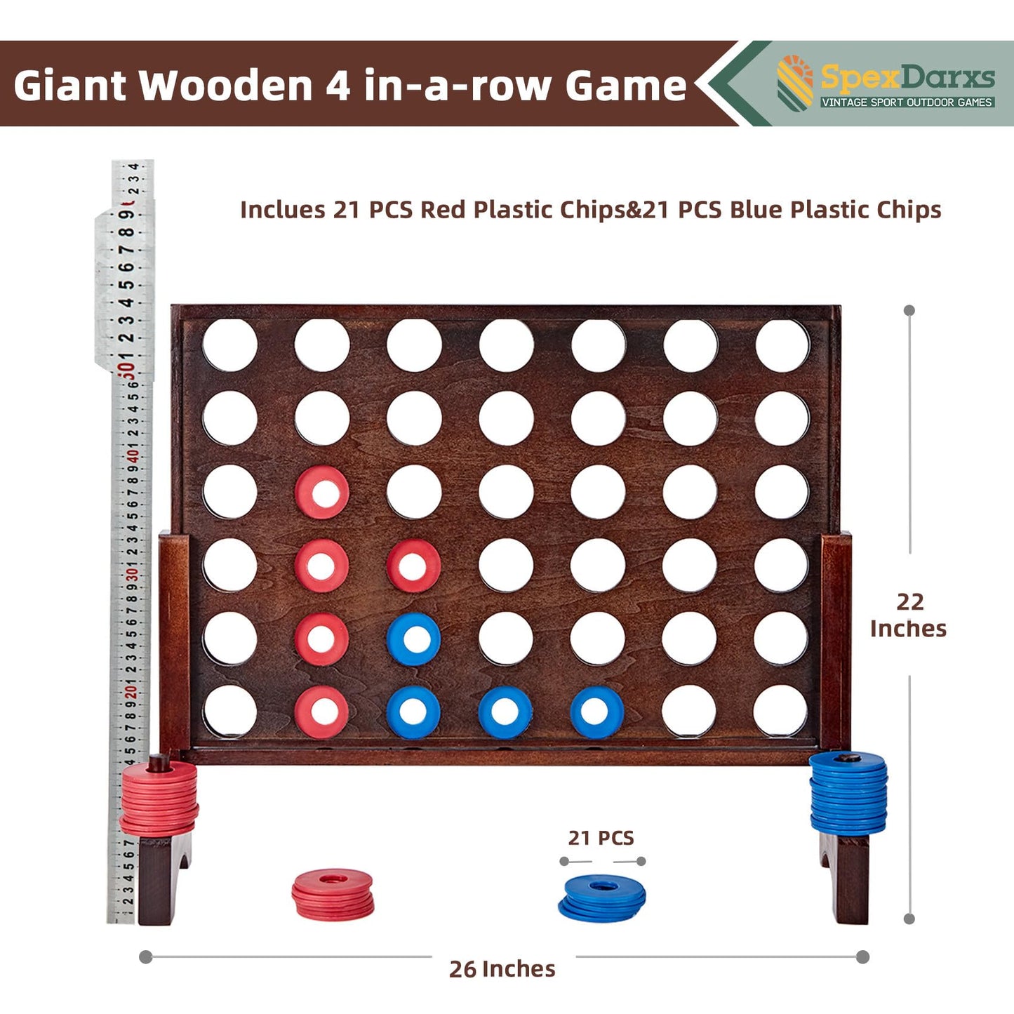 SpexDarxs Giant 4-in-a-Row Game | Wooden Jumbo Connect 4 for Indoor & Outdoor Fun
