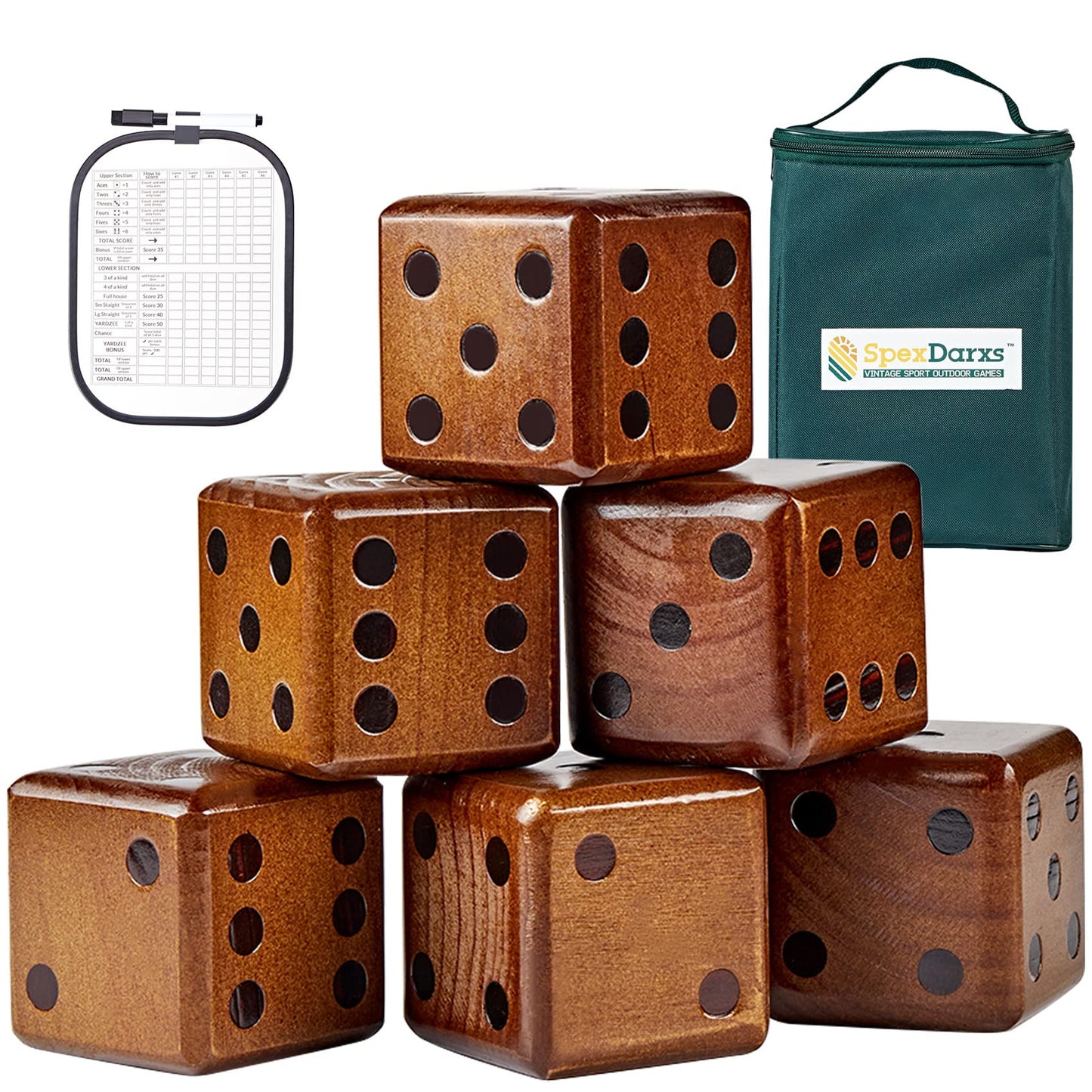 SpexDarxs Giant Yard Dice Set – 3.5-Inch Wooden Dice with Scoreboard & Carrying Bag