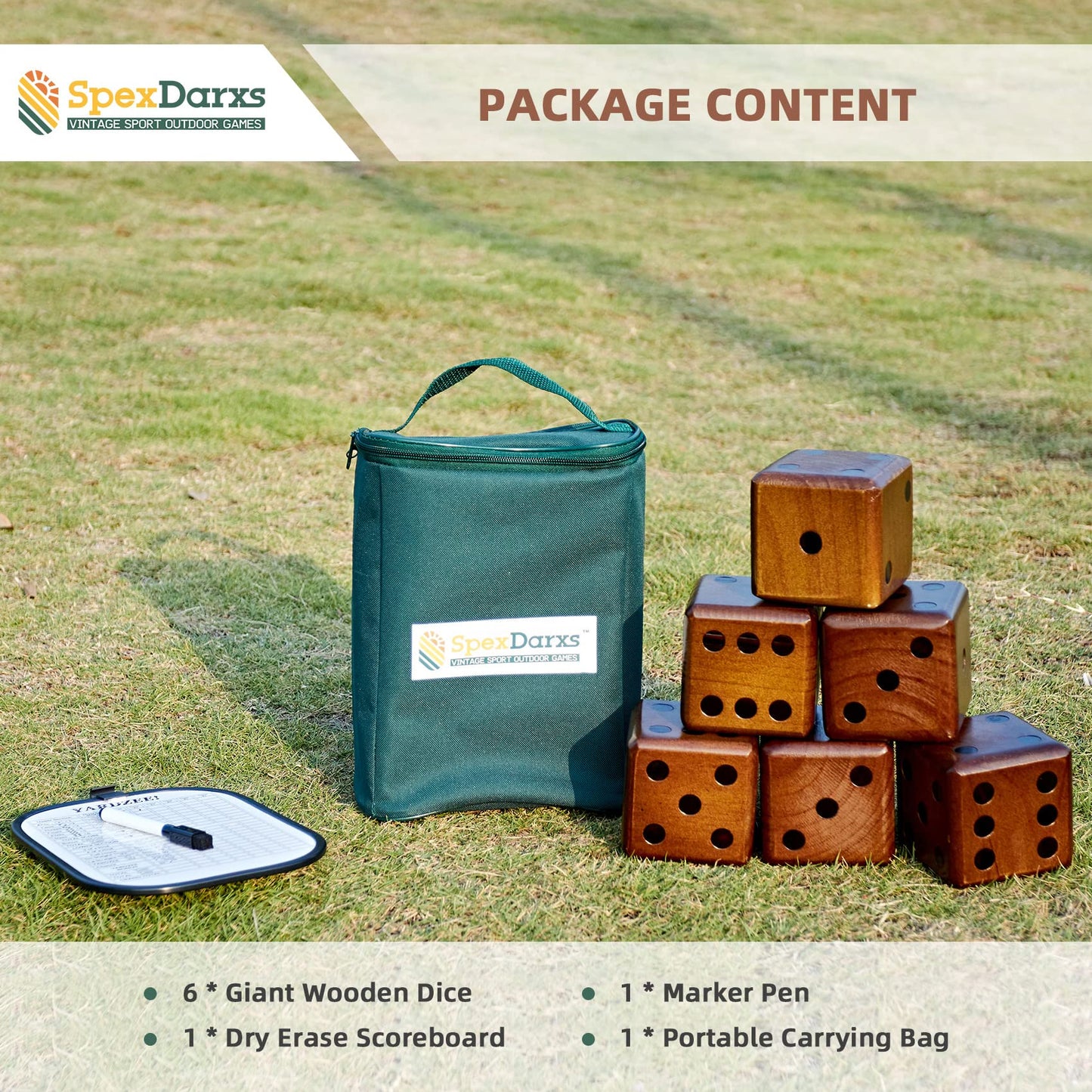 SpexDarxs Giant Yard Dice Set – 3.5-Inch Wooden Dice with Scoreboard & Carrying Bag