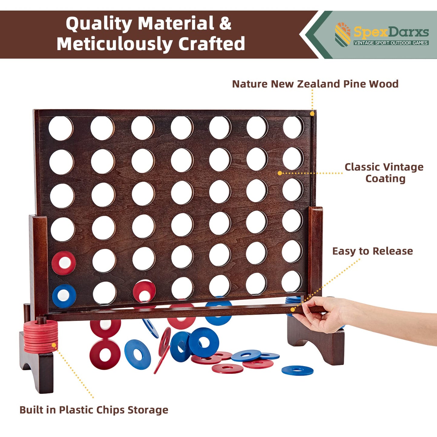 SpexDarxs Giant 4-in-a-Row Game | Wooden Jumbo Connect 4 for Indoor & Outdoor Fun