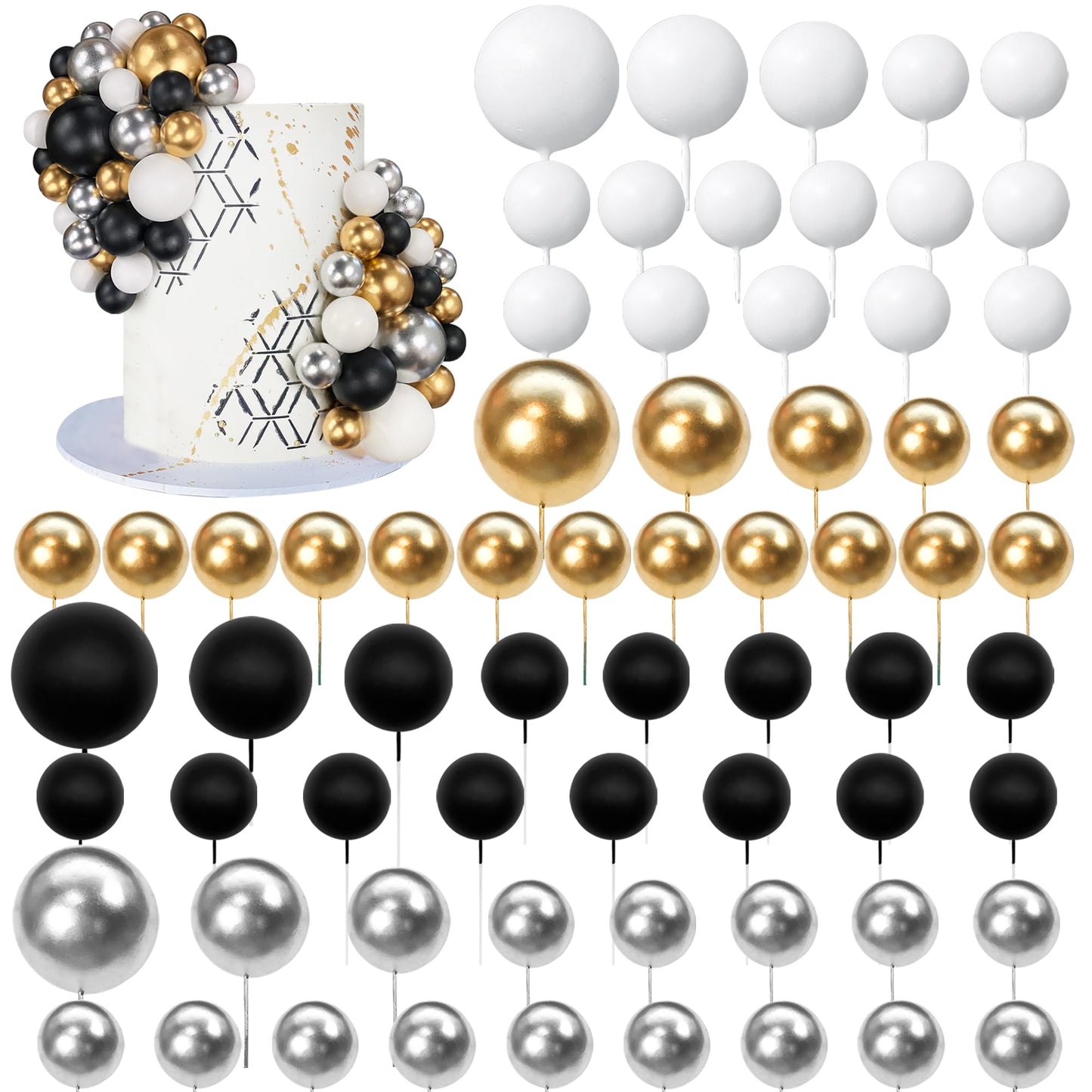 SPFYunion 66-Piece Ball Cake Picks in Black, Silver, White & Gold – 4 Sizes