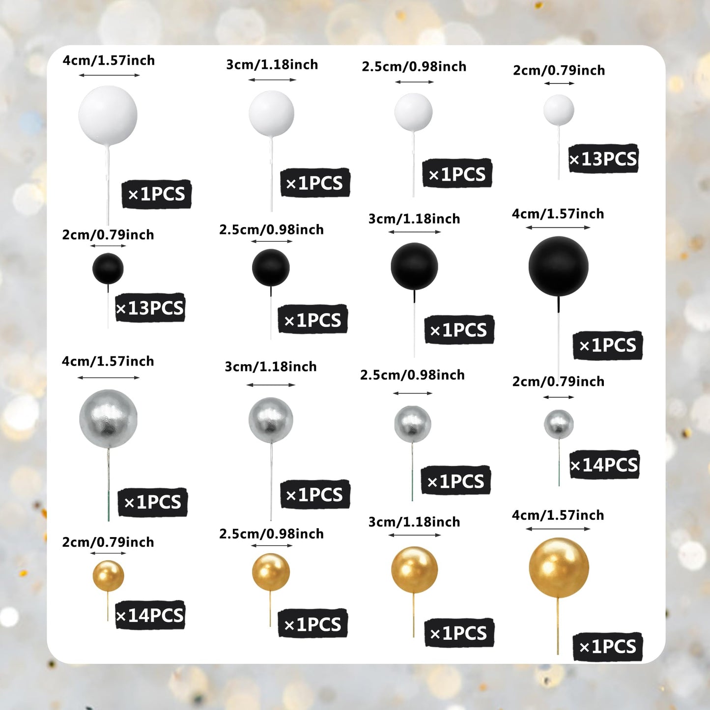 SPFYunion 66-Piece Ball Cake Picks in Black, Silver, White & Gold – 4 Sizes