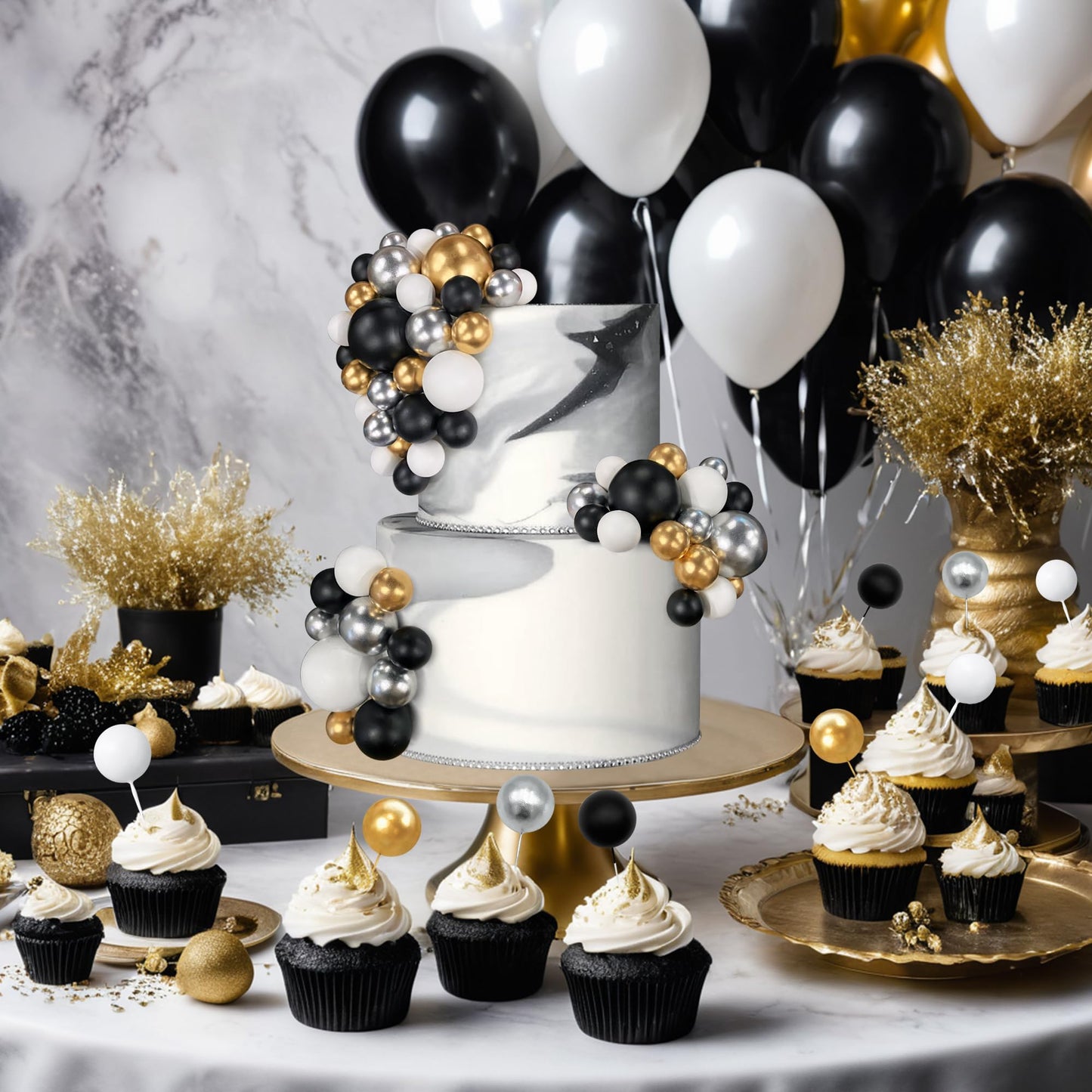 SPFYunion 66-Piece Ball Cake Picks in Black, Silver, White & Gold – 4 Sizes