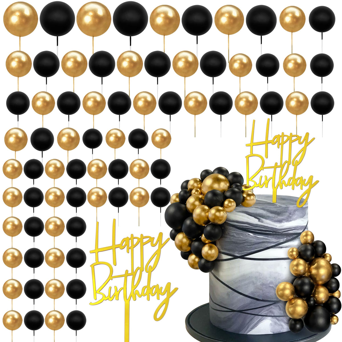 SPFYunion 75-Pcs Black and Gold Cake Decorations with Happy Birthday Pick