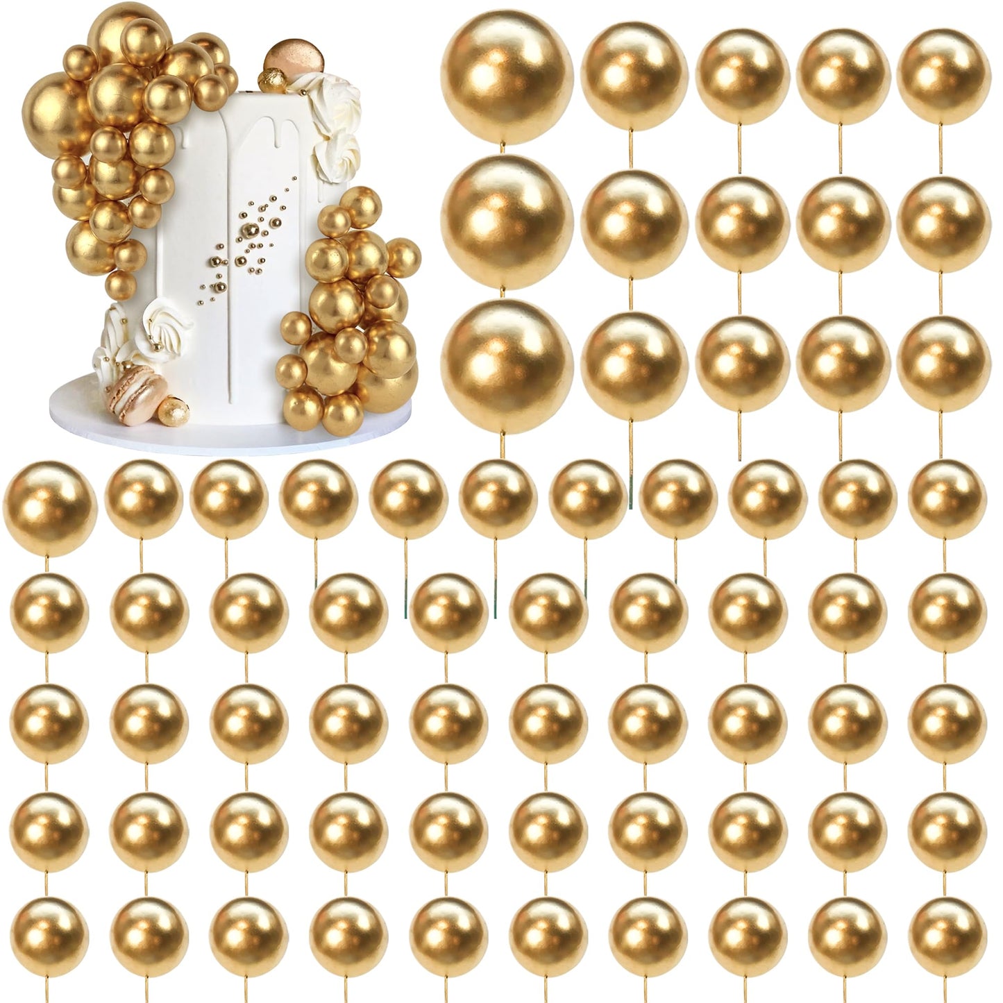 SPFYunion 66 PCS Gold Ball Cake Picks – 4 Sizes for DIY Cake Decorating, Cupcakes & Party Decor