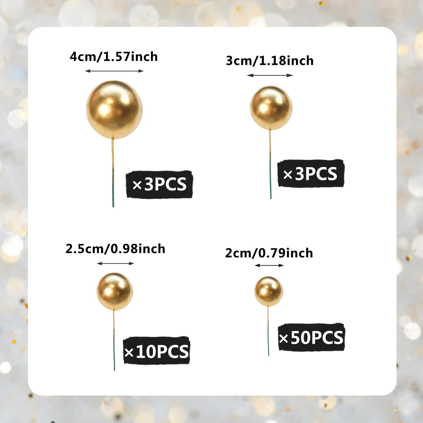 SPFYunion 66 PCS Gold Ball Cake Picks – 4 Sizes for DIY Cake Decorating, Cupcakes & Party Decor