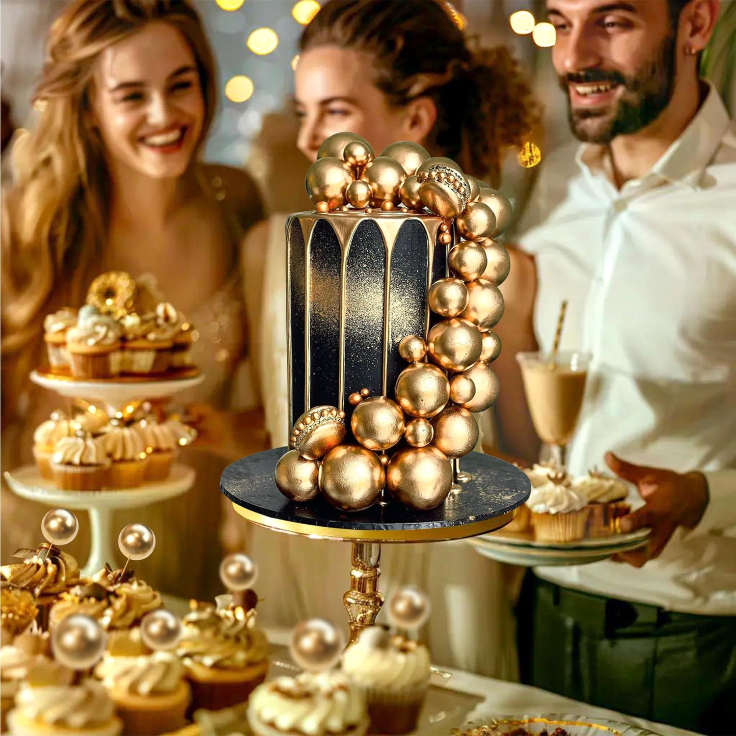 SPFYunion 66 PCS Gold Ball Cake Picks – 4 Sizes for DIY Cake Decorating, Cupcakes & Party Decor