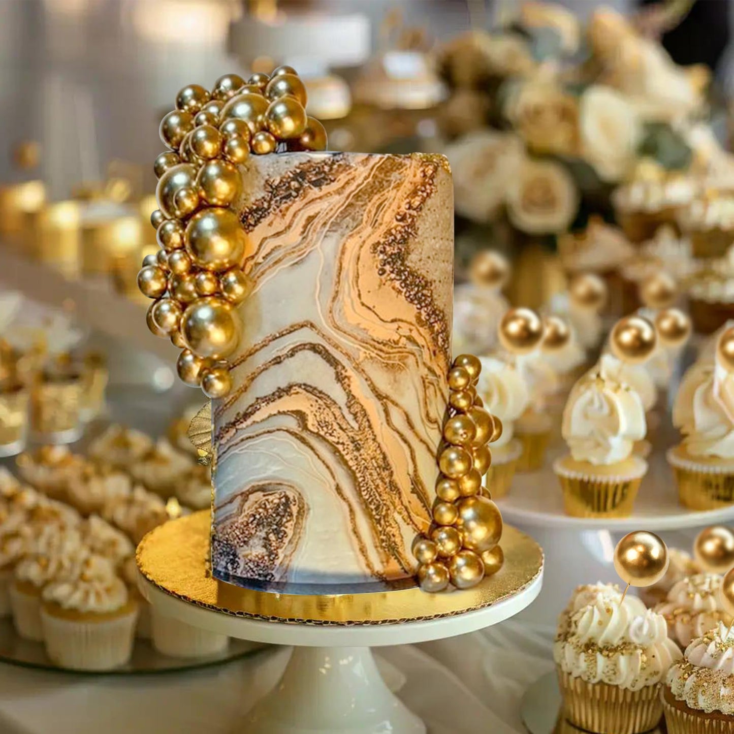 SPFYunion 66 PCS Gold Ball Cake Picks – 4 Sizes for DIY Cake Decorating, Cupcakes & Party Decor