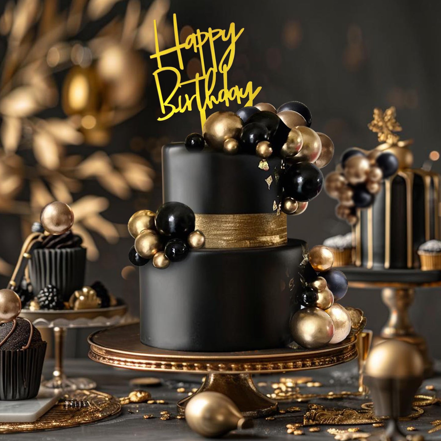 SPFYunion 75-Pcs Black and Gold Cake Decorations with Happy Birthday Pick