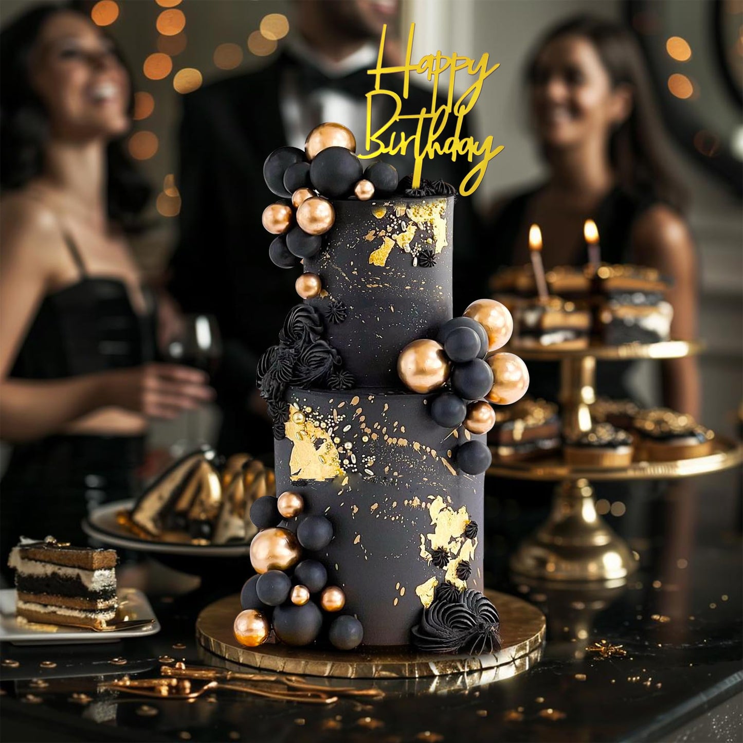 SPFYunion 75-Pcs Black and Gold Cake Decorations with Happy Birthday Pick
