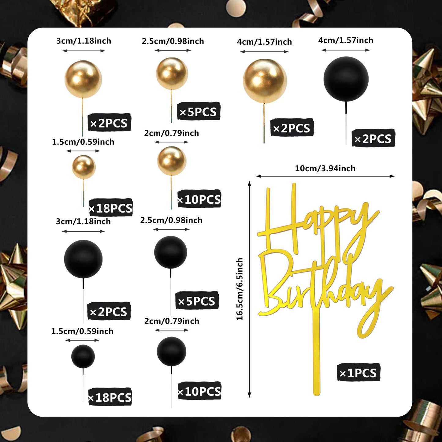 SPFYunion 75-Pcs Black and Gold Cake Decorations with Happy Birthday Pick